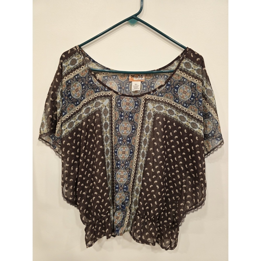 Mudd Boho Paisley Blouse XL Flowy Festival Top Sheer Scarf Print Indie 70s Style